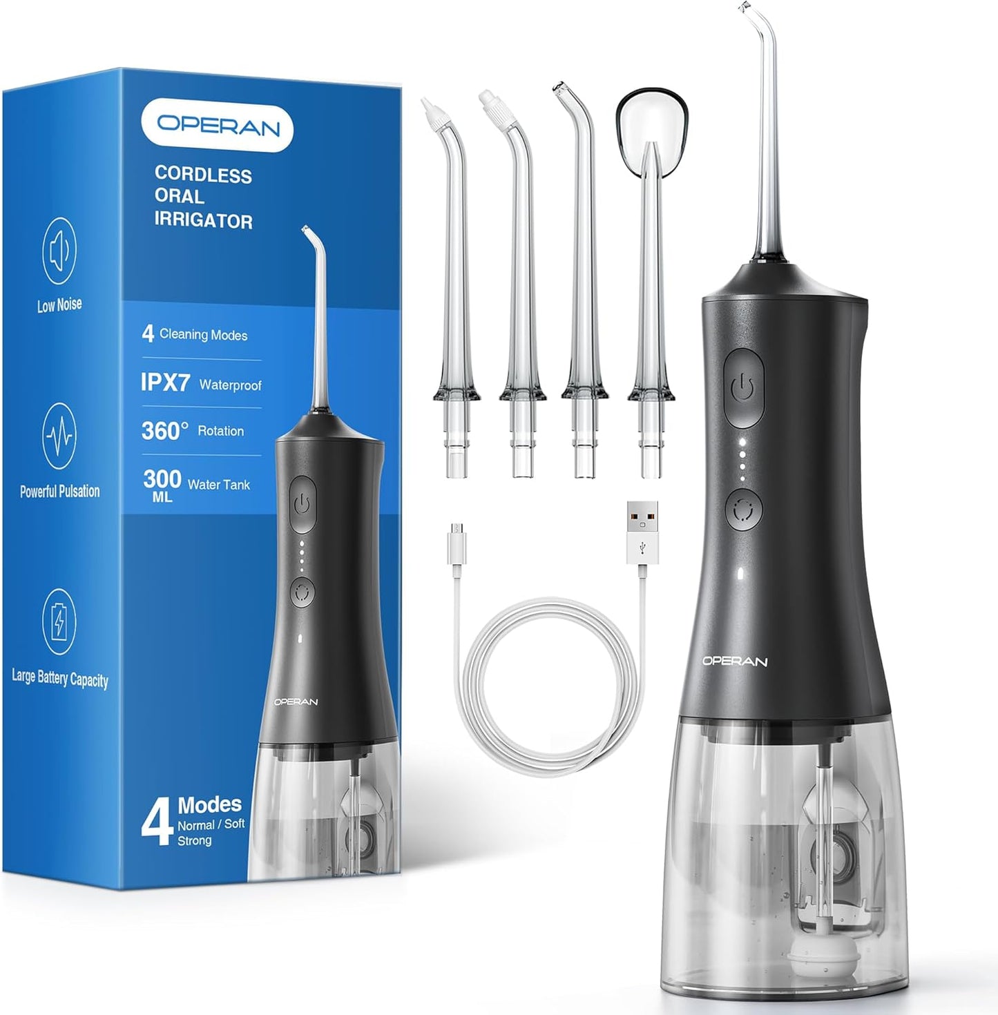 Operan Cordless Water Flossers for Teeth, 300ML Rechargeable Oral Irrigator with 4 Modes & 4 Nozzles, Portable Water Flossers for Adults, IPX7 Waterproof for Home and Travel, Black，01Pack