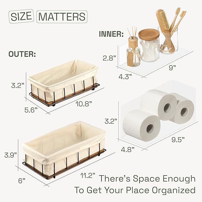 BAOBAB WORKSHOP Set of 2 Wooden Bathroom Baskets Organizer & Storage - Basket for Bathroom & Kitchen Decor - Toilet Tank Tray - Toilet Paper Basket for Back of Toilet Organizer