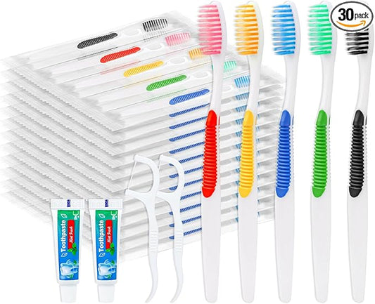 Disposable Toothbrushes with Toothpaste and Floss,30 Pcs 3 in 1 Individually Wrapped Single Use Travel Toothbrushes and Dental Floss Kit Bulk for Homeless,Guests,Dentist,Hotel(5 Colors)