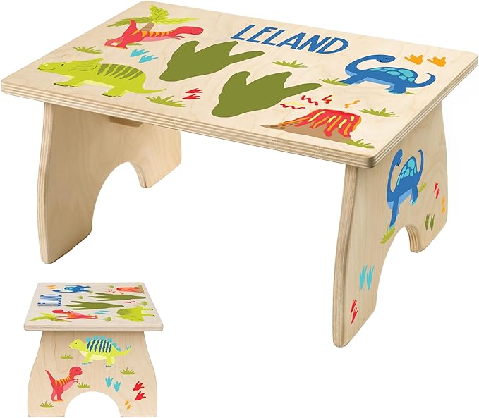 Dinosaur Step Stool for Toddlers- BloomOwl Personalized Wood Kids Step Stool with Name for Kitchen Sink, Bathroom, Potty Training, Toilet, Kitchen Sink- Sturdy and Safe- Made in USA (Dinosaur)