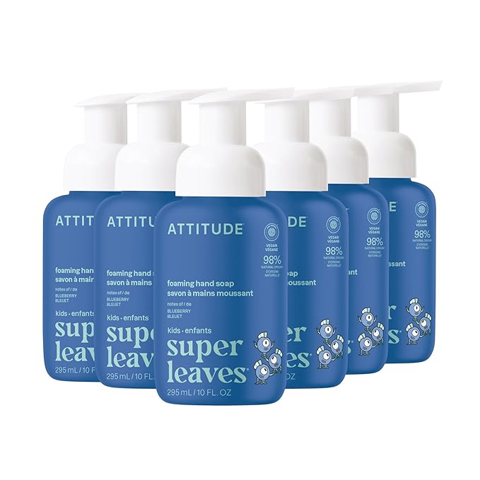 ATTITUDE Foaming Hand Soap for Kids, EWG Verified, Dermatologically Tested, Plant- and Mineral-Based Ingredients, Vegan, Blueberry, 10 Fl Oz (Pack of 6)