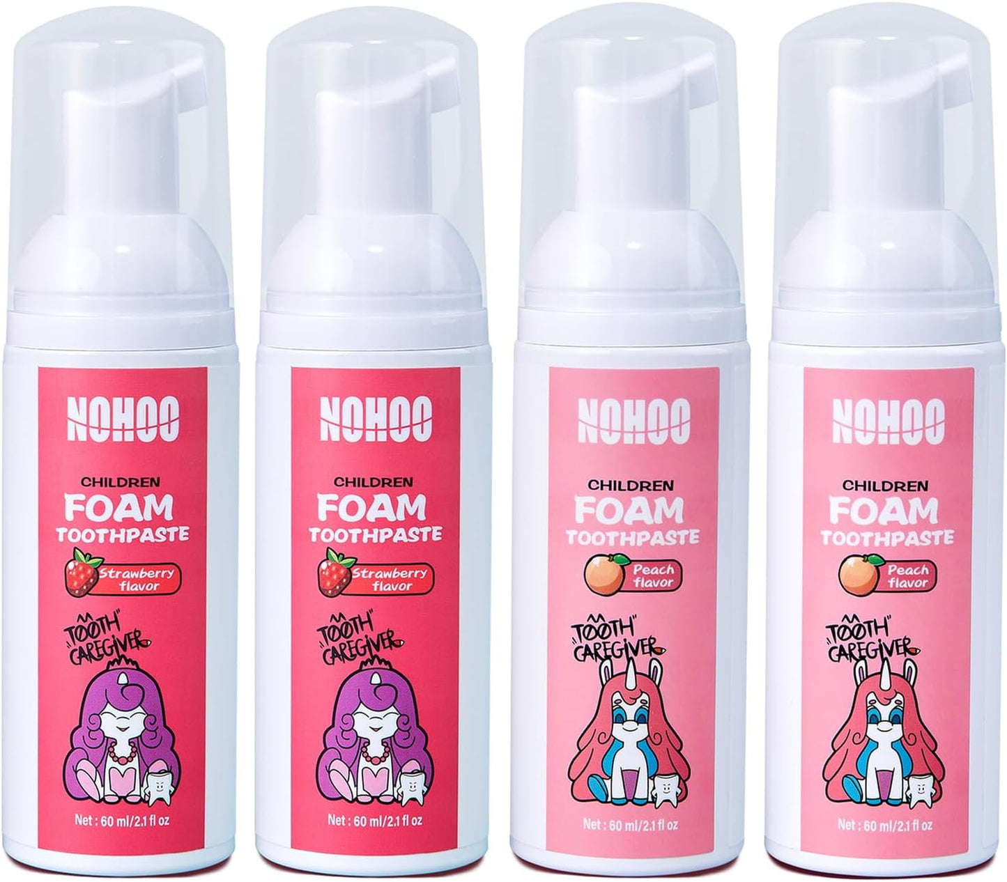 NOHOO Fluoride Free Foam Toothpaste Kids Fruit Flavour,Natural Training Toothpaste for Baby Toddler Children Oral Cleaning and Cavity Protection (2 Strawberry + 2 Peach)