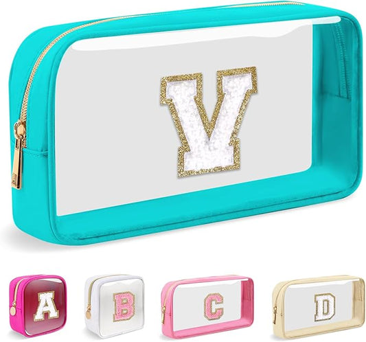 Small Clear Personalized Initial Makeup Bag, Preppy Nylon A-Z Chenille Letter Patch Makeup Organizer TSA Approved Travel Toiletry Bag,Waterproof Zip Beach Cosmetic Pouch Purse for Women(Cyan-White V)