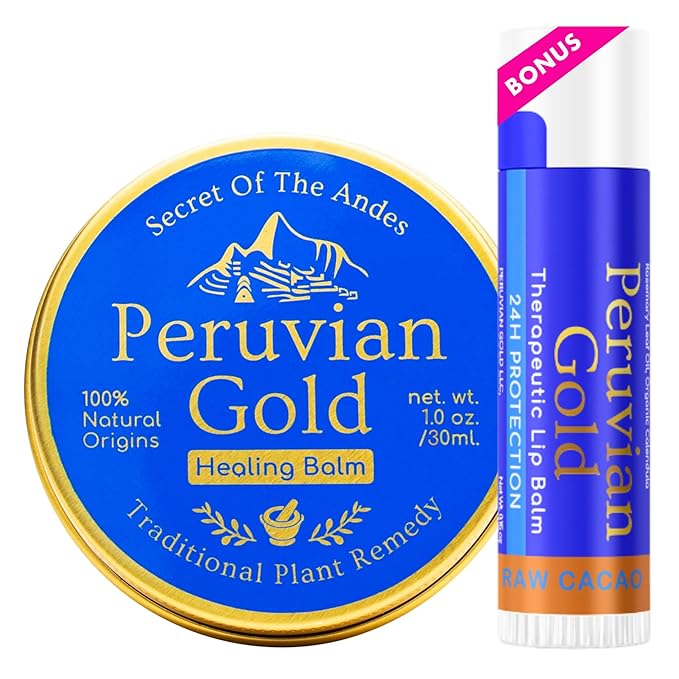 Peruvian Gold | Organic All Purpose Healing Balm | Scars, Eczema, Facial Moisturizer Cream, Dry Skin, Hair, Sun Burns | (1 Fl Oz) | BONUS Lip Balm