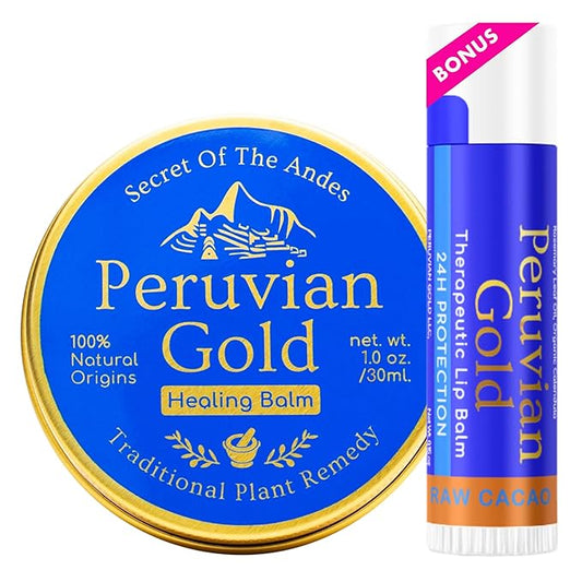 Peruvian Gold | Organic All Purpose Healing Balm | Scars, Eczema, Facial Moisturizer Cream, Dry Skin, Hair, Sun Burns | (1 Fl Oz) | BONUS Lip Balm