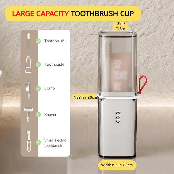 Toothbrush Travel Case, 2 in 1 Toothbrush Holder and Rinse Cup, Large Capacity Toothbrush Cup with Cover, Portable Travel Toothbrush Holder for Traveling, Camping, Trip - 1Pcs - Grey&White