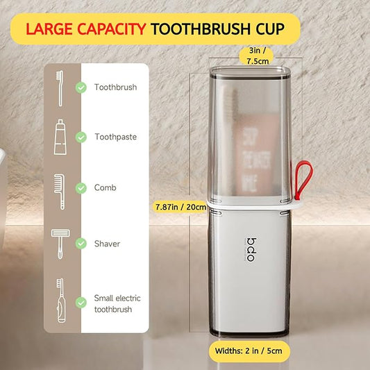 Toothbrush Travel Case, 2 in 1 Toothbrush Holder and Rinse Cup, Large Capacity Toothbrush Cup with Cover, Portable Travel Toothbrush Holder for Traveling, Camping, Trip - 1Pcs - Grey&White