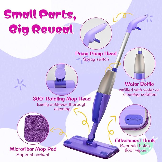 Kids Spray Mop - Mini Mop with Real Sprayer and Washable Microfiber Pad, Toddler Cleaning Set, Montessori Housekeeping Education Toys, for Boys Girls Ages 3+, Compatible with Swiffer Wet Jet Mop Pads