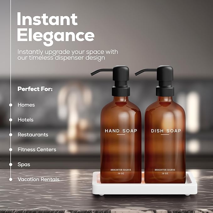 Amber Glass Hand and Dish Soap Dispenser Set by Brighter Barns - Kitchen Soap Dispenser Set with Tray for Kitchen, Airbnb, Vacation Rental or Restaurant - Modern Kitchen Decor & Accessories (Amber)