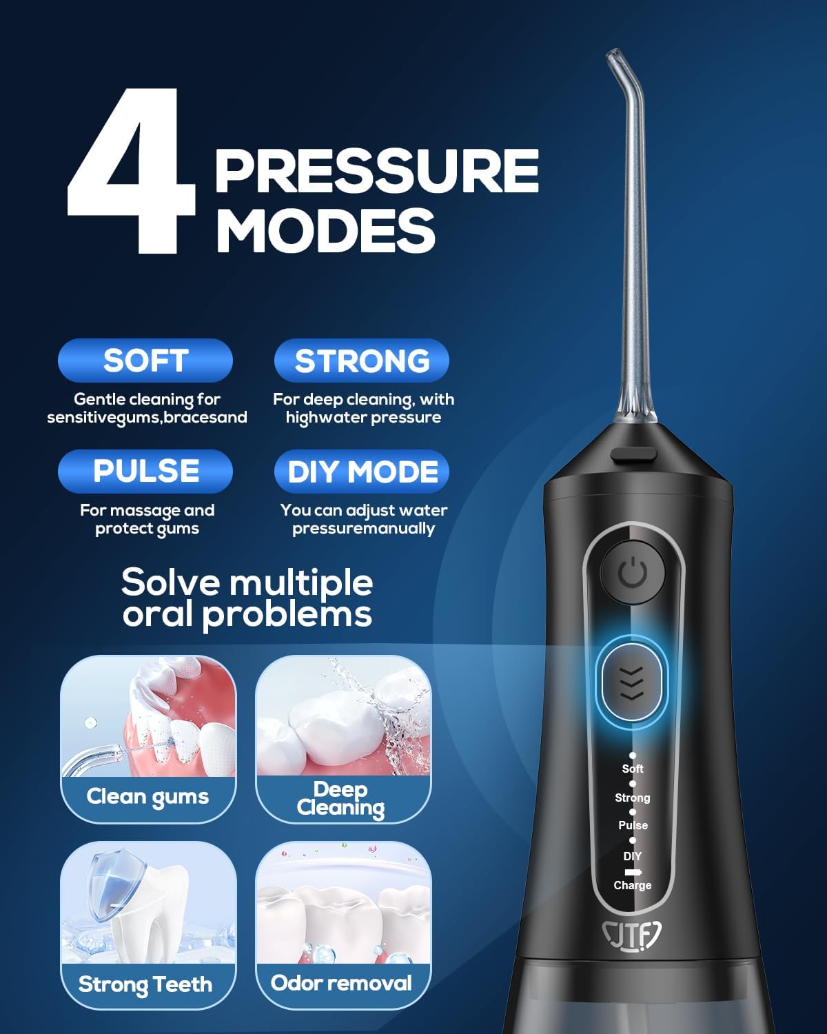 JTF Water Dental Flosser Picks for Teeth - 4 Modes Cordless Oral Irrigator, 300ML Portable Water Flosser & Rechargeable IPX7 Waterproof Water Teeth Cleaner for Home Travel with 9 Jet Tips (Black)