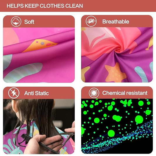 Kids Barber Cape with Neck Duster Brush, Professional Salon Hair Cutting Cape with Adjustable Snap Closure(Cartoon Mermaids)