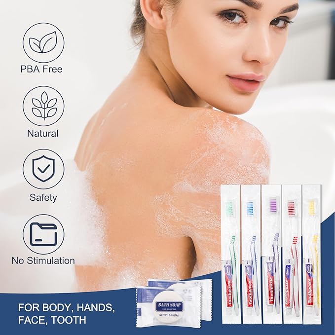 100 Set Disposable Toothbrushes with Toothpaste and Soap Individually Wrapped, 100 pcs Toothbrushes 5 Colors with 100 pcs Bar Soap(0.5 oz)