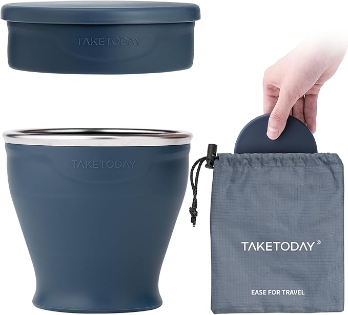 TakeToday Collapsible Travel Cup - Silicone Foldable Water Cup, BPA-Free with Lid & Waterproof Bag - Drinking Cup Set for Camping, Outdoors & International Travel（8 Oz, Navy）