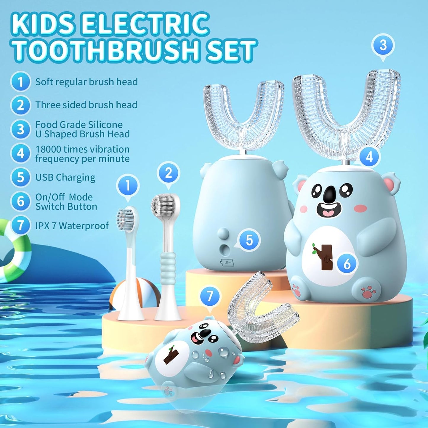Kids U Shaped Electric Toothbrush, Automatic 360° Sonic Cleaning, 6 Modes, 4 Brush Heads, Cute Cartoon Koala Design (2-6 Age (Grey Blue))