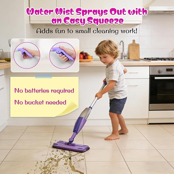 Kids Spray Mop - Mini Mop with Real Sprayer and Washable Microfiber Pad, Toddler Cleaning Set, Montessori Housekeeping Education Toys, for Boys Girls Ages 3+, Compatible with Swiffer Wet Jet Mop Pads