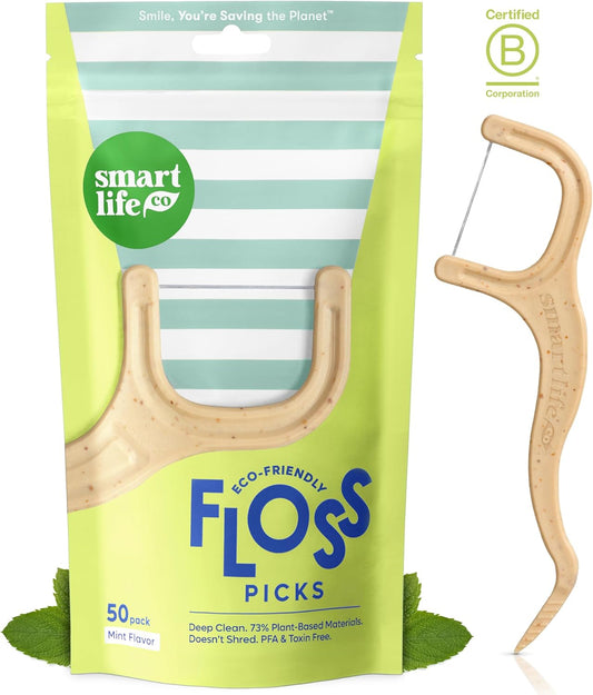 SmartLifeco Eco-Friendly Dental Floss Picks (50ct) - Flossers Made with Straw Wheat, Superior Anti-Shred Thread for Tight Gaps, Tooth Pick Stick for Adults, Soft on Gum & Teeth, Vegan, Mint