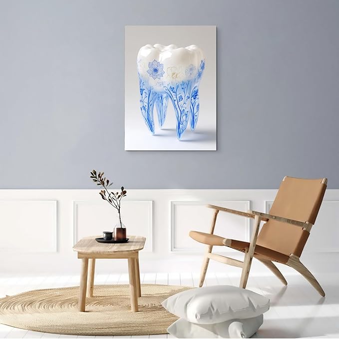 SchindlerBang Dentist Wall Decor,Blue-and-White Porcelain Teeth Painting,Clinic Office Canvas Art,Home Living Room Aesthetic,16x24inch Framed Print Ready to Hang