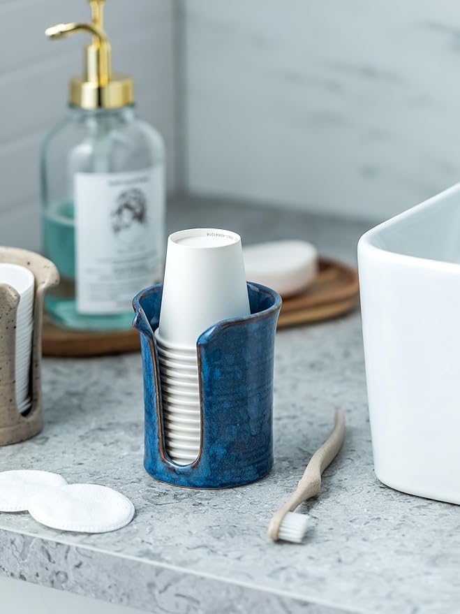 Bathroom Cup Holder, Ceramic Bathroom Cup Dispenser 3 Oz, Small Mouthwash Cup Dispenser Disposable Paper Cup Holder for Bathroom, Coffee Bar, Stoneware Design Modern Decor, Blue