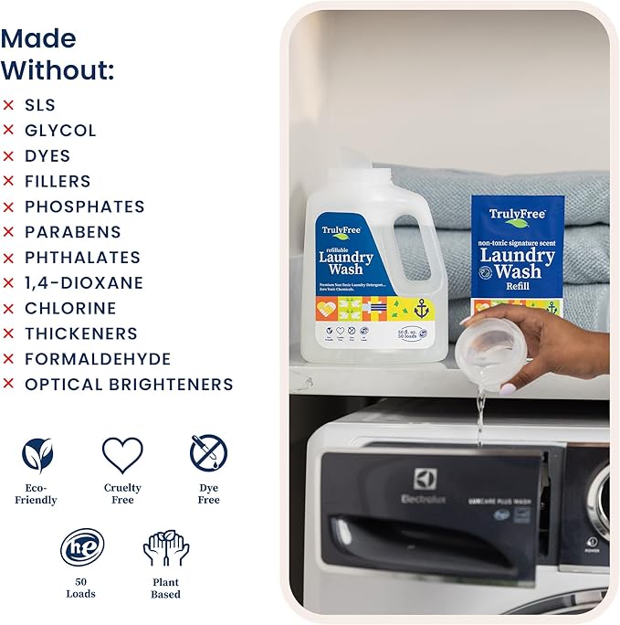 Truly Free Natural Laundry Detergent for Sensitive Skin | Eco Friendly, Plant Based, Baby Clothes Safe | Clean & Easy Powder to Liquid, 1 Pack Detergent + 1 Refillable Jug | Signature Scent, 50 Loads