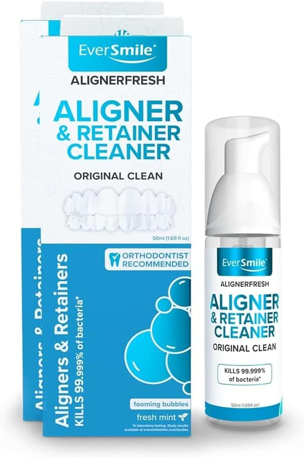 EverSmile AlignerFresh Original Clean Foam – Cleaner Compatible w/Invisalign and All Clear Aligners & Retainers – Eliminates Bacteria, Whitens Teeth, Fights Bad Breath – 50ml (2 Pack)