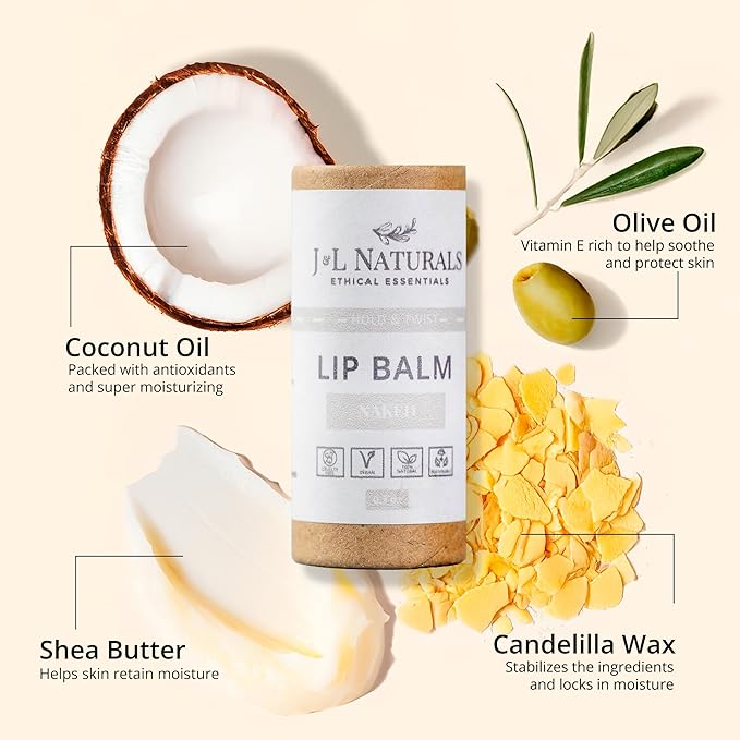 J&L Naturals Sustainable Lip Balm | Organic Ingredients, 100% Natural, Eco-Friendly | Cruelty Free, Vegan, Paraben Free, Silicone Free (Naked (Unscented), Single)