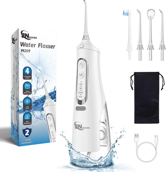Cordless Water Dental Flosser Oral irrigator,JNGOODS 310ml Rechargeable Water flosser for Teeth IPX7 Waterproof 4 Modes Portable Oral Irrigator with 4 Jet Tips,Travel Home use (White)