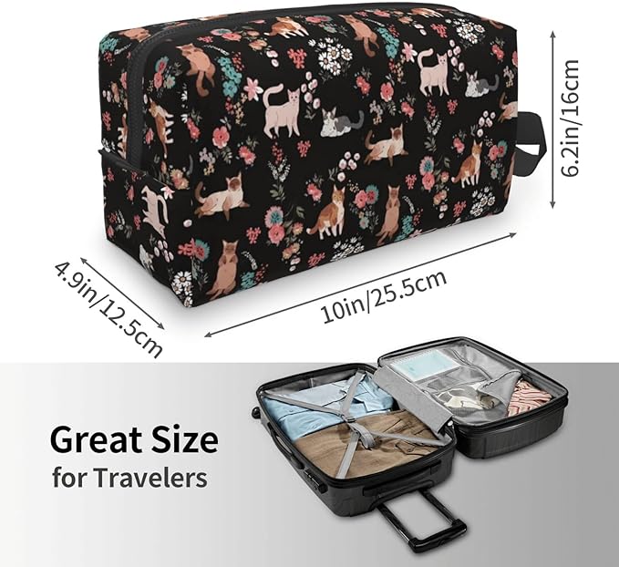 Cat and Floral Toiletry Bag for Women Men Portable Travel Wash Bag Waterproof Gym Shaving Toiletries Cosmetic Organizer Bag, Shower Bathroom Toiletries Accessories Makeup Bag with Handle