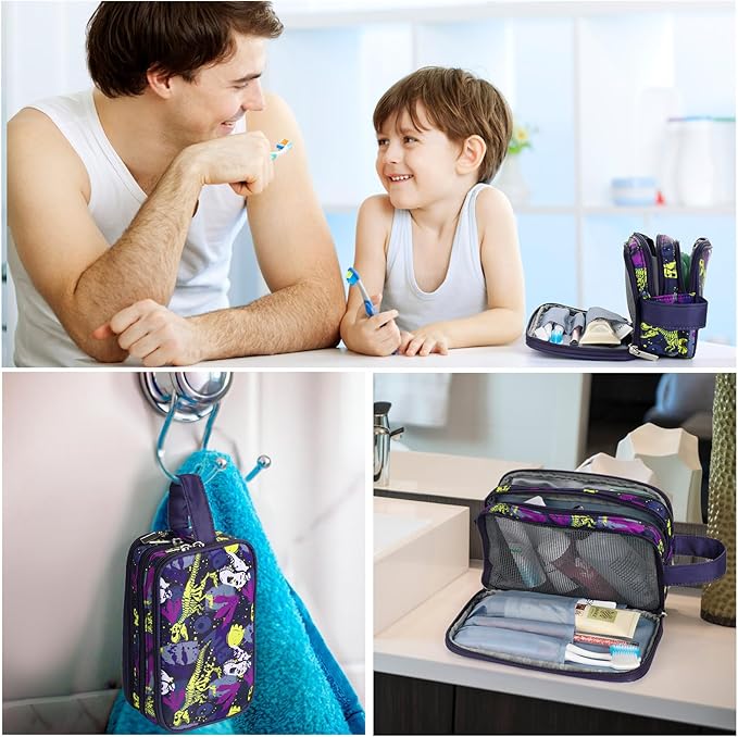 Dinosaur Kids Toiletry Bag for Boys, Travel Toiletry Bag for Little Young Boys Waterproof Hanging Wash Bag Toddler Traveling Toiletries, Black