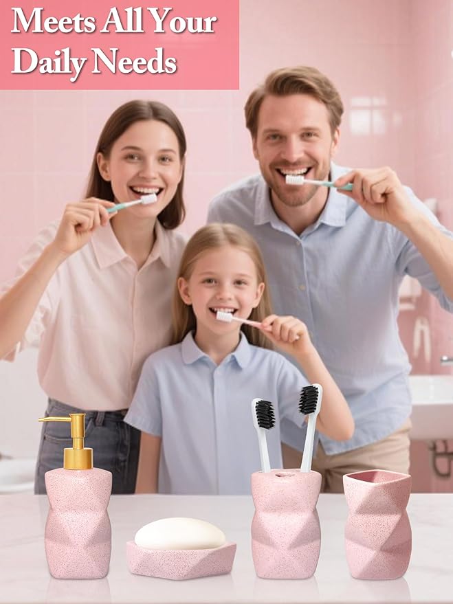 Bathroom Accessories Set,4 Pcs Bathroom Accessory Set,Includes Lotion Soap Dispenser,Toothbrush Holder,Tumbler,Soap Dish,Ceramic Bathroom Sets Complete,Bathroom Sink Set for Modern Home Decor(Pink)