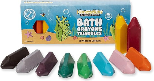 Honeysticks Triangle Bath Crayons Non Toxic (10 Pk) for Toddlers 1-3 and Kids 4-8, Natural Beeswax Crayons, Food-Grade Colors, Fragrance Free, Easy Grip Triangular Shape, Bath Toys for Bathtub, Shower