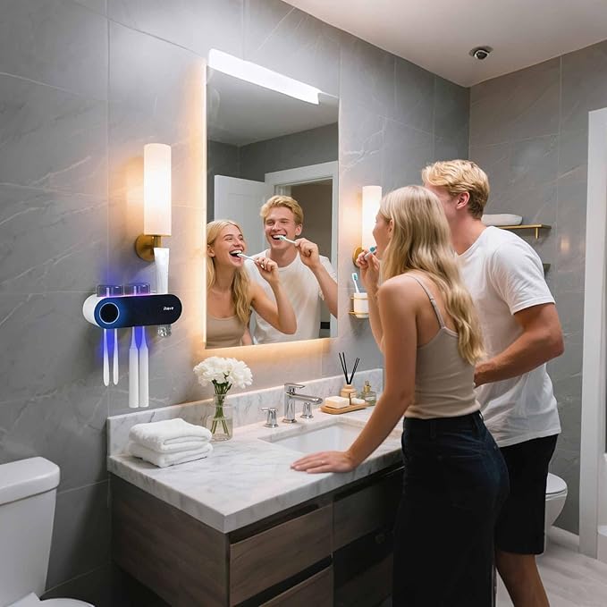 iHave Toothbrush Holders for Bathrooms, UV Toothbrush Sanitizer and Holder Smart Home Bathroom Accessories, 2 Cups Electric Toothbrush Holder Wall Mounted with Toothpaste Dispenser Bathroom Decor