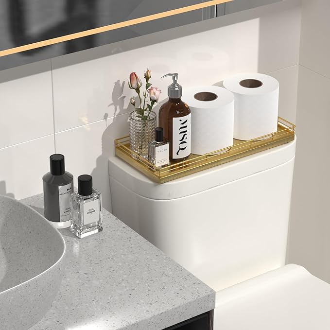 Oak Bathroom Toilet Tank Tray, 13" Wood Toilet Paper Storage Basket Back of Toilet Basket Organizer, Vanity Tray for Perfume Makeup Candle Kitchen Counter Coffee Table Decor, Gold