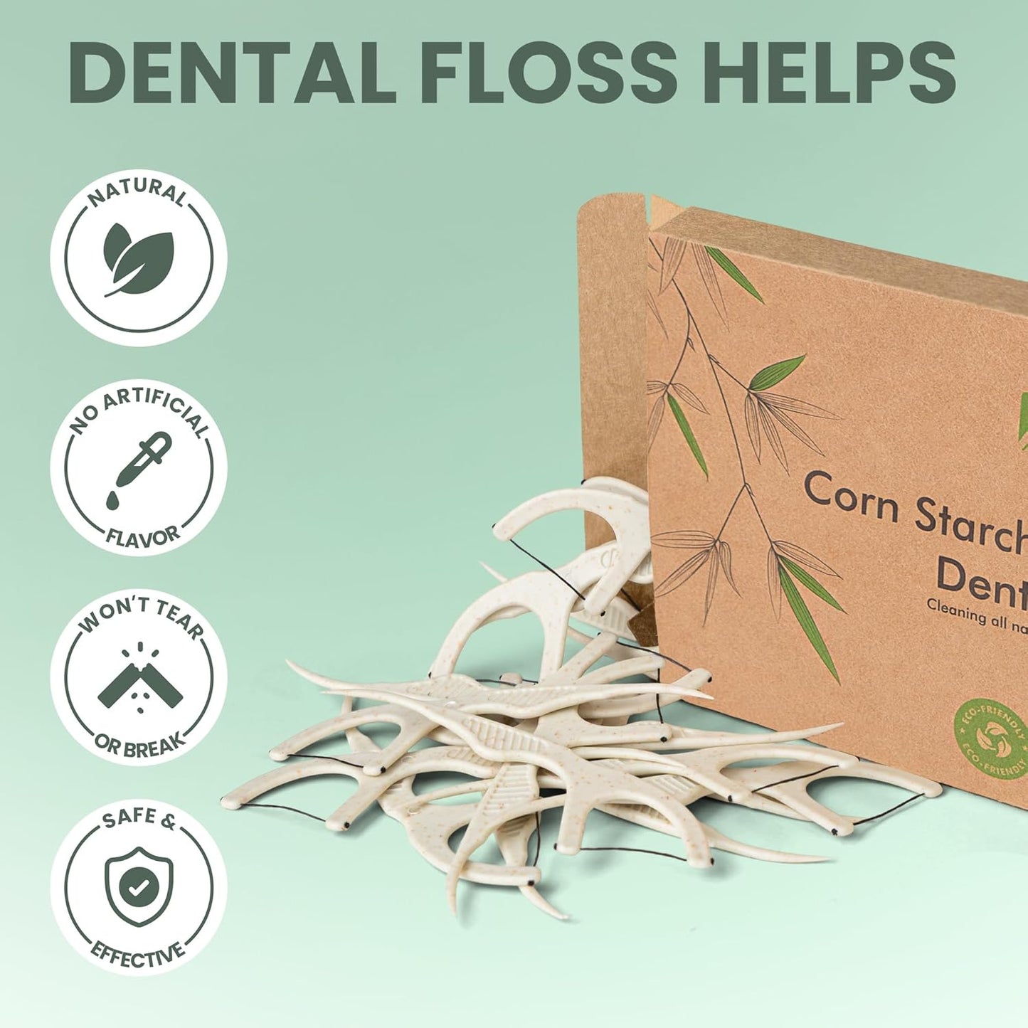 Natural Dental Floss Picks 75 Pack – Organic Biodegradable Floss Sticks with Strong Bamboo Charcoal Thread & Vegan Cornstarch Handle – No Plastics, No Artificial Flavours - Kraft Paper Box