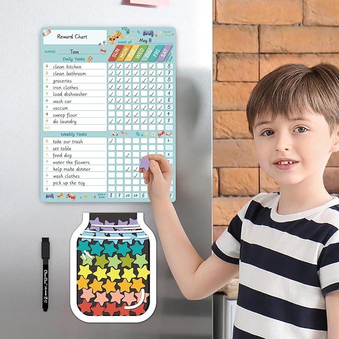 Magnetic Responsibilty Reward Chart for Kids - Magnetic Reward Jar with Stars Included - Ideal for Home Chore Tasks&Reward System