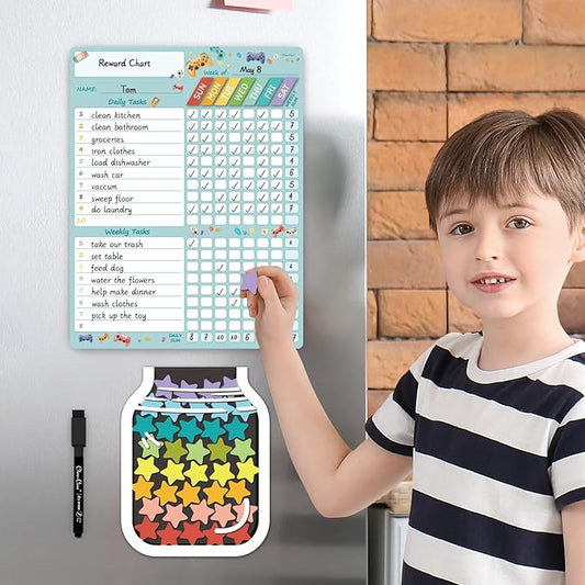Magnetic Responsibilty Reward Chart for Kids - Magnetic Reward Jar with Stars Included - Ideal for Home Chore Tasks&Reward System