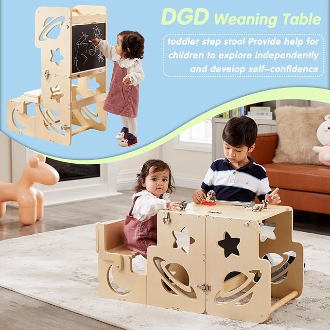 Toddler Tower, Toddler Stool for Kitchen, Kids Learning Wooden Tower, Foldable Weaning Table with Kids Step Stool, Montessori Standing Tower for Bathroom and Kitchen Counter