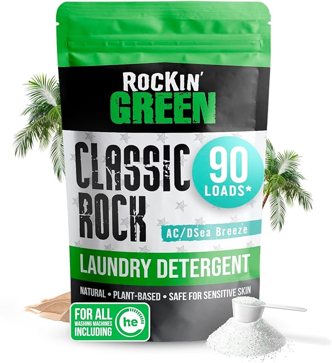 Rockin' Green Classic Rock Laundry Detergent (90 Loads), Plant based, All Natural Laundry Detergent Powder, Vegan and Biodegradable Odor Fighter, Safe for Sensitive Skin, 45 oz (AC/DSea Breeze)