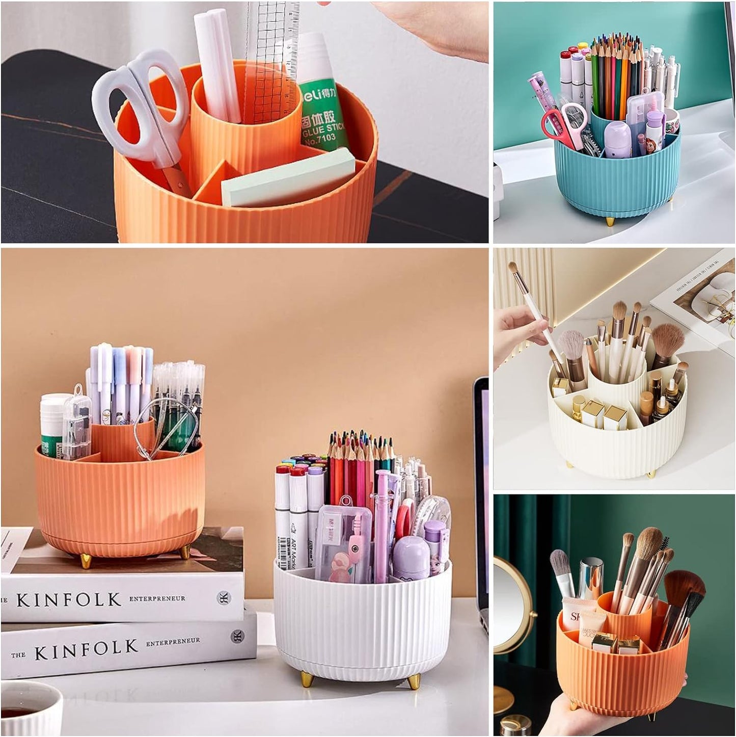 DASITON Large Capacity Makeup Brush Holder,360° Rotating Makeup Organizer,5 Slot Makeup Brushes Cup,for Vanity Decor,Bathroom Countertops,Desk Storage Container,Cosmetic Display cases(Cream)