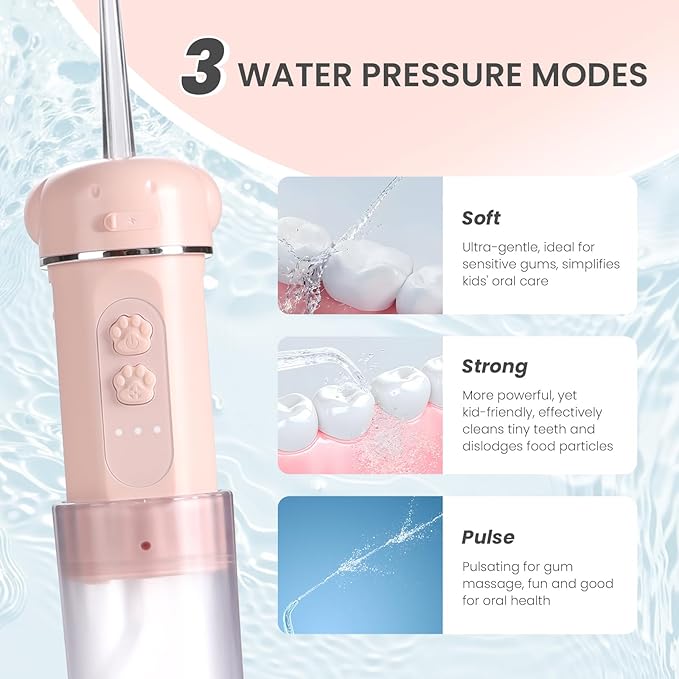 Kids Water Dental Flosser, Portable Water Flosser for Teeth 150ML Rechargeable Oral Irrigator with 3 Modes & 4 Nozzles, IPX5 Waterproof for Home and Travel