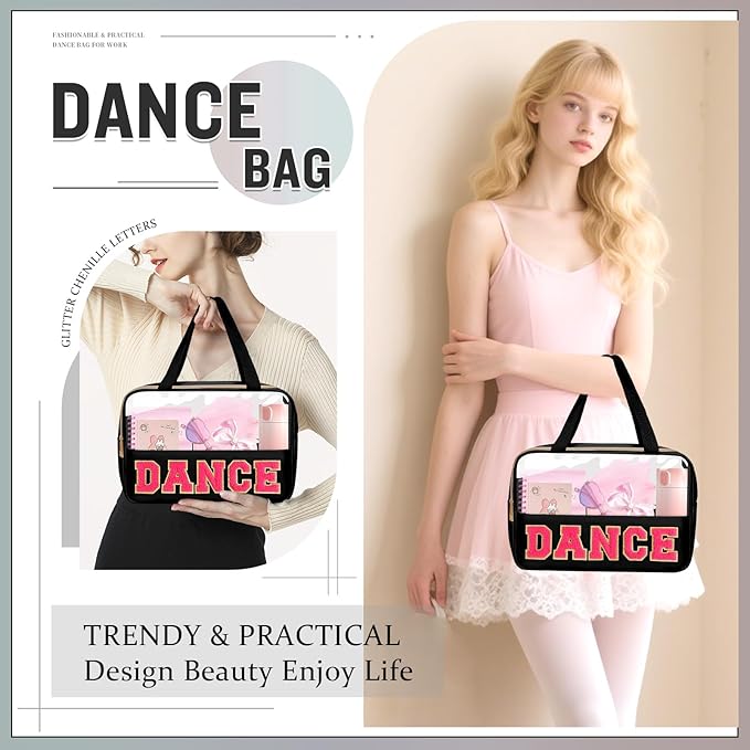 Dance Bag for Girls Chenille Letter Clear Makeup DANCE Stuff Bag,Toddler Dance Recital Gifts Ballet Cosmetic Zipper with Handle,Dance Competition Must Haves Accessories Toiletry Storage(DANCE-Black)