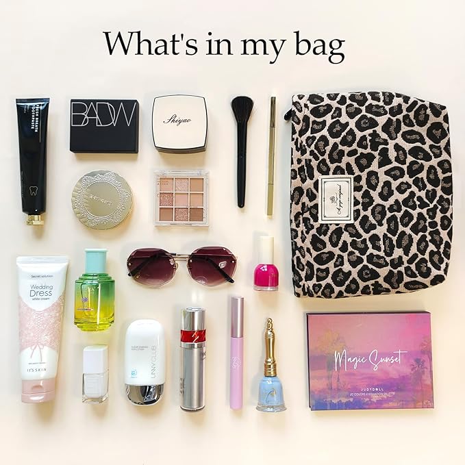 STARDW Leopard Makeup Bag Organizer Cosmetic Bags for Women and Girls,Travel Toiletry Bag Large Capacity Canvas Makeup Zipper Pouch, Purse Organizer Pouches (Brown Leopard)