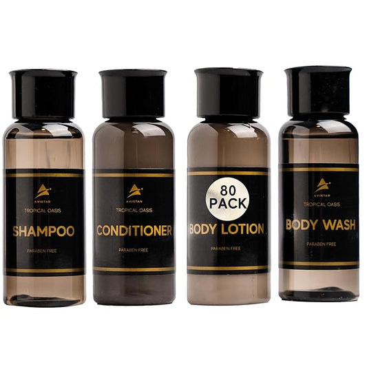 80 Piece Set Hotel Guest Soaps for Bathroom, Travel Size Bulk Toiletries Set, Supplies for Guests, 20 Pack w/ 20 Shampoo 20 Conditioner 20 Body Wash 20 Lotion