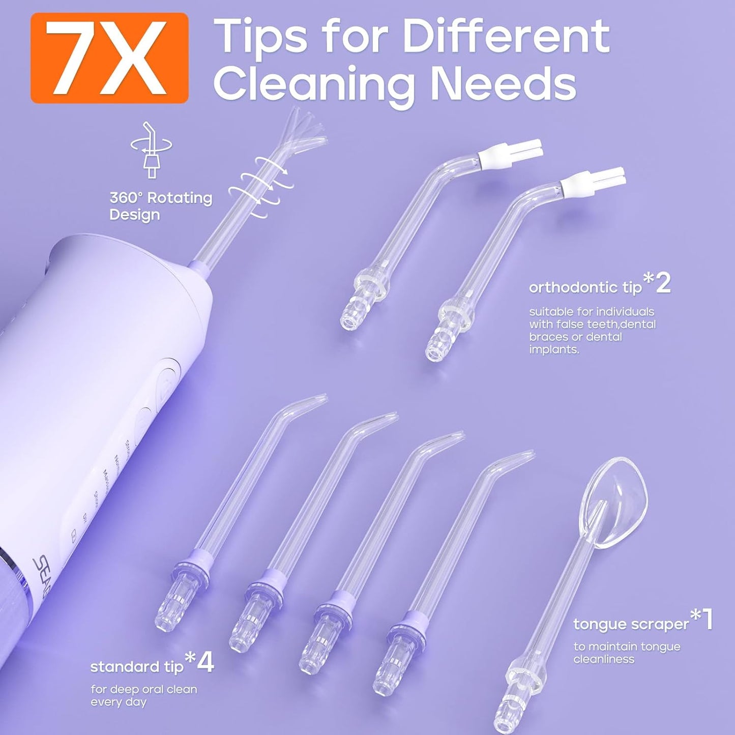 SEAGO Water Dental Flosser Cordless for Teeth, 5 Modes and 7 Nozzles, Dental Water Flosser 300mL, DIY Mode Memory Function, IPX7 Waterproof Dental Flosser, SG8019 Purple