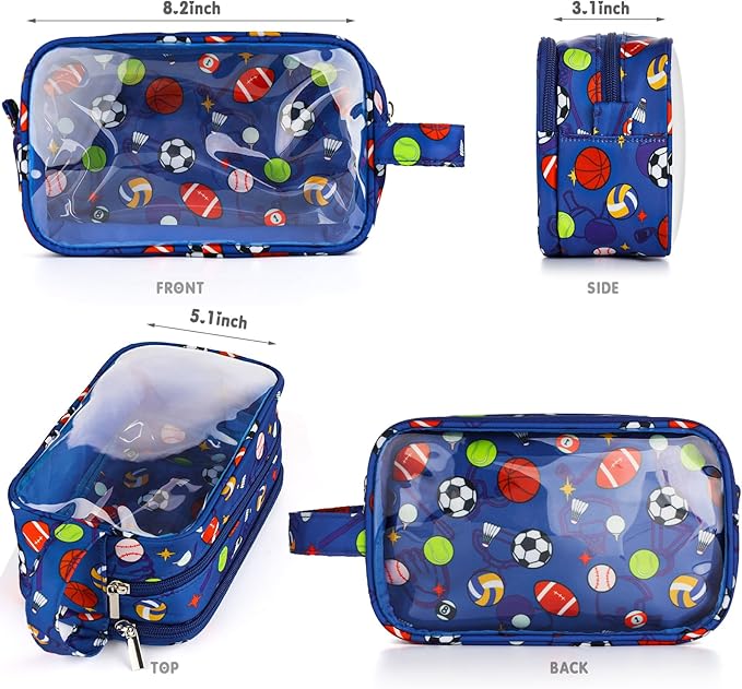 Kids Toiletry Bag for Boys, Travel Clear Toiletry Bag for Little Young Boys Waterproof Hanging Wash Bag Toddler Traveling Toiletries, Blue Soccer Balls