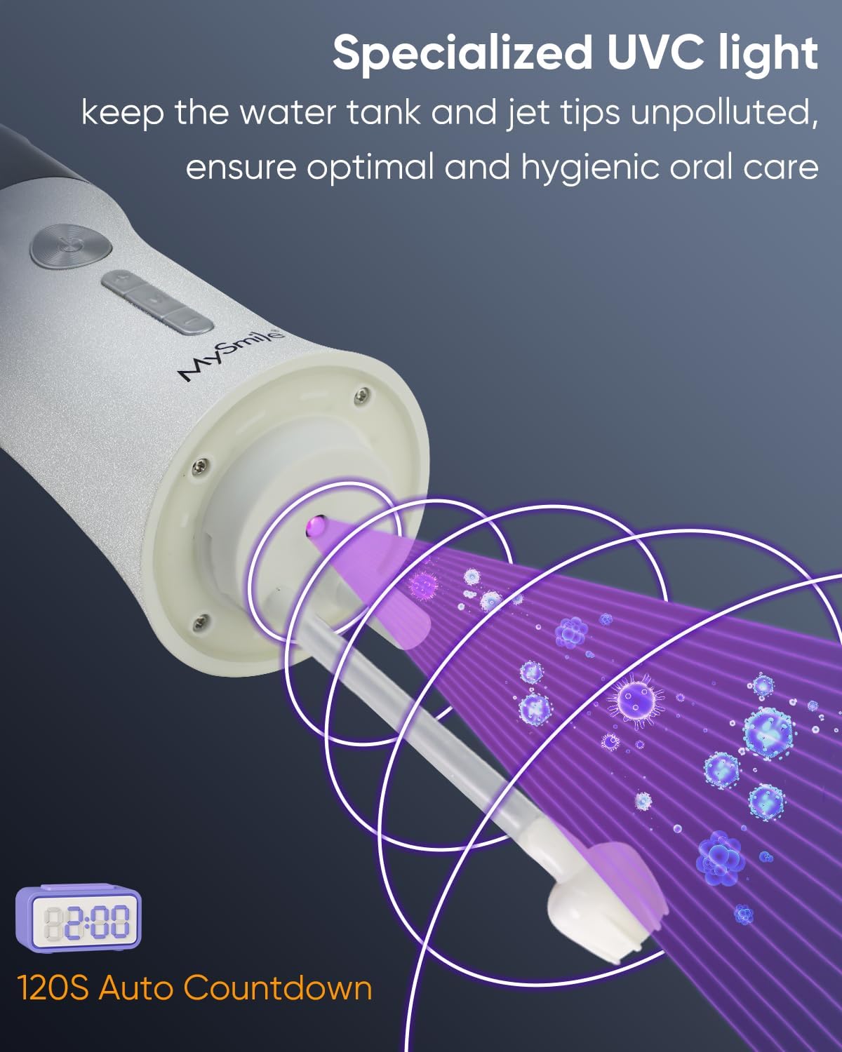 MySmile LP221 UVC Sterilizable Cordless Water Flossers for Teeth 335ML Portable OLED Display Dental Flosser with 4 Modes 8 Jet Tips and a Storage Pouch for Home and Travel (Pearl White)