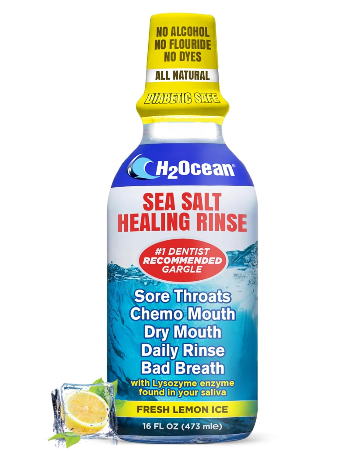 H2Ocean Healing Rinse Natural Sea Salt Oral Care - Mouth Rinse for Oral Care - Great for Piercings, Sore Throats & Gum Health - Alcohol- & Fluoride-Free Mouthwash - Lemon Ice, 16 oz