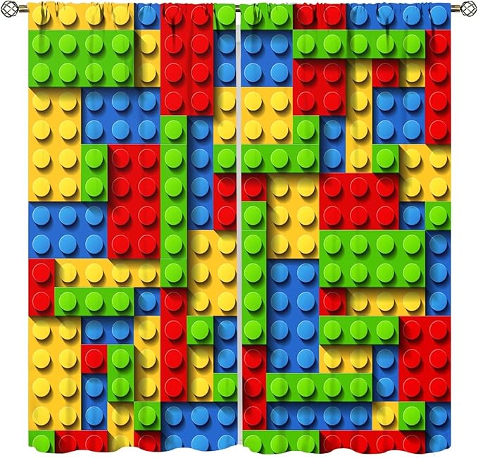 Kids Building Blocks Toy Curtains for Kids Room W63 x L63 Inch Rod Pocket Contour Plastic Colorful Toy Bricks Geometric Print Pattern Curtains for Boys Girls Bedroom 2 Panels