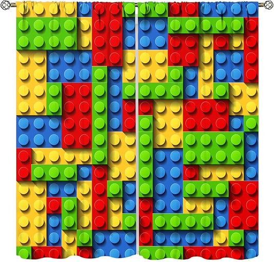 Kids Building Blocks Toy Curtains for Kids Room W72 x L63 Inch Rod Pocket Contour Plastic Colorful Toy Bricks Geometric Print Pattern Curtains for Boys Girls Bedroom 2 Panels