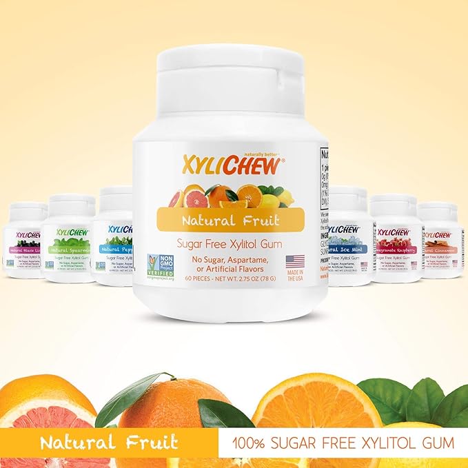 Xylichew 100% Xylitol Chewing Gum - Non GMO, Non Aspartame, Gluten Free, and Sugar Free Gum - Natural Oral Care, Relieves Bad Breath and Dry Mouth - Fruit,60 Count (Pack of 4), 240 Count