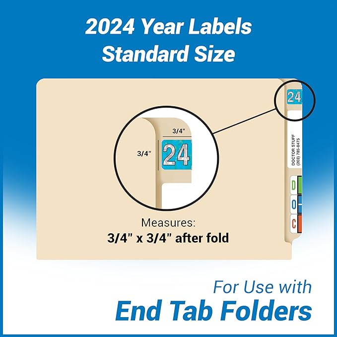 2024 Year Stickers, Doctor Stuff 2024 Chart Stickers, Holographic Aqua Colored, USA Made Year Labels for End Tab File Folders, 500 Labels per Roll, 1 Roll, 3/4" x 1-1/2"